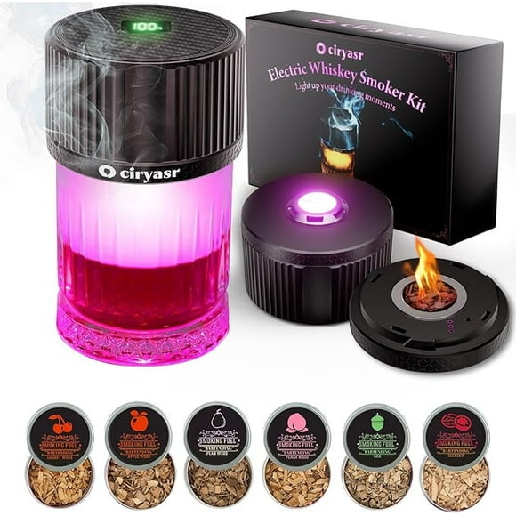 Electric Whiskey Smoker Kit with RGB Light, Built-in Lighter, Rechargeable Cocktail Smoker Kit with 6 Wood Chips, Old Fashioned Drink Smoker for Bourbon, Whiskey Gifts for Men, Dad, Husband