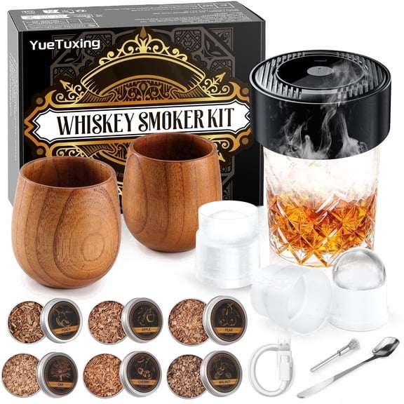 Electric Whiskey Smoker Kit with 2 Wooden Bourbon Glasses,  6 Flavors Wood Chips, 2 Ice Ball Molds, Rechargeable Cocktail Smoker Kit, Old Fashioned Drink Smoker Kit, Gifts for Men, Dad, Husband