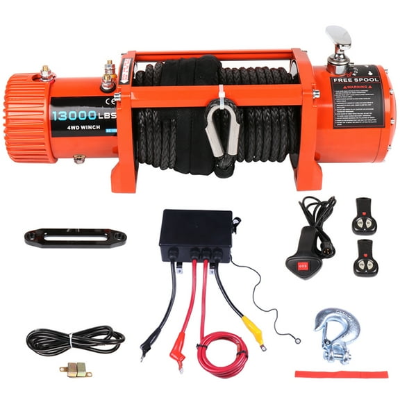 Electric Winch 12V 13000 lbs Winches with Solenoid Box Assembly+Hand/Wireless Remote Control+Roller Fairlead+Negative Wire+Overload Protection Device+Cover Truck Trailer Synthetic 4WD