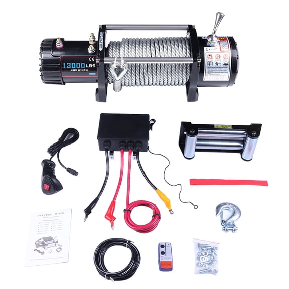 Electric Winch 12V 13000 lbs Winches for Towing Boat Off Road with Wireless/Hand Remote Control+Solenoid Box Assembly+Roller Fairlead+Negative Wire+Hook+Bolts+Users Manual