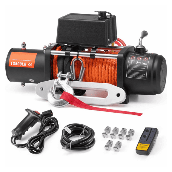 Electric Winch 13500 lb Truck Winch, Synthetic Rope Waterproof Remote Control