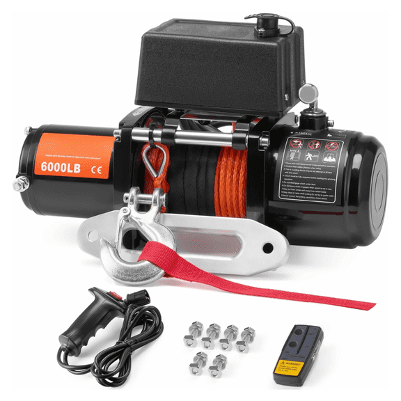 Electric Winch 6000 lb, Synthetic Rope Truck Winch, Waterproof 12V Off Road Winch with Remote Control, 6000lbs Capacity for SUV, ATV
