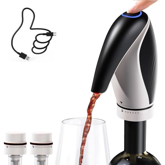 Electric Wine Aerator Dispenser, Automatic Wine Pourer with One-Touch Decanting, Rechargeable Drip-Free Wine Dispenser with 2 Wine Stoppers & Caps, Gift for Wine Lovers