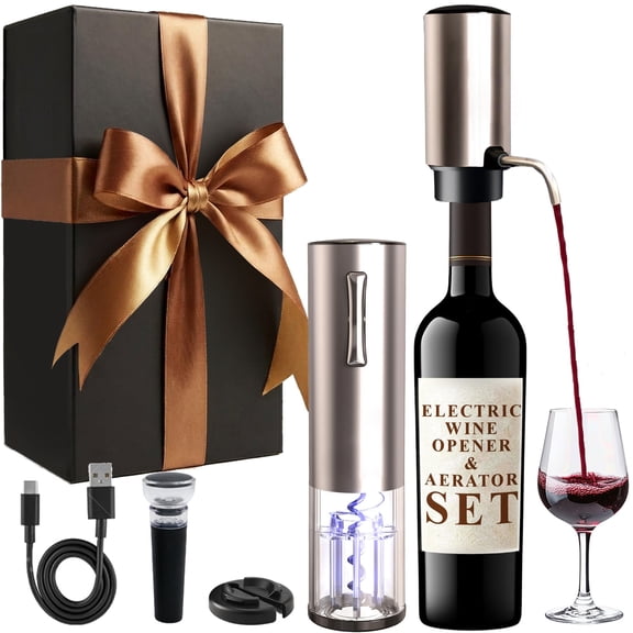 Electric Wine Aerator & Opener Set with Accessories, Rechargeable Automatic Corkscrew, Aerator, Dispenser, Foil Cutter Tool, Stopper, Wine Lovers Gift for Housewarming, Birthday, Registry, Anni
