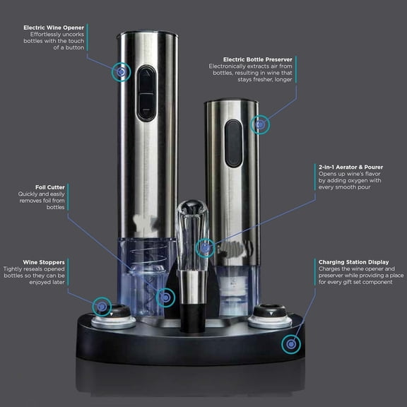 Electric Wine Gift Set Includes Bottle Opener, Aerator, Vacuum Preserver, Stoppers, Foil Cutter & Charging Base
