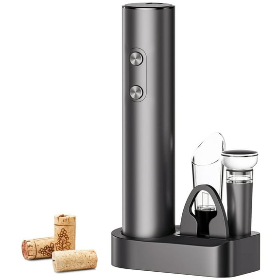 Electric Wine Opener 5 Piece Battery Operated Electric Wine Opener Set with Vacuum Stoppers, Foil Cutter, Wine Pourer and Storage Base, Black
