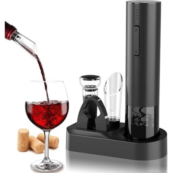 Electric Wine Opener Gift Set – Rechargeable Automatic Corkscrew with Aerator, Vacuum Seal Stoppers, Foil Cutter & Storage Base – 6-in-1 Wine Bottle Opener Kit for Wine Lovers, Women & Men