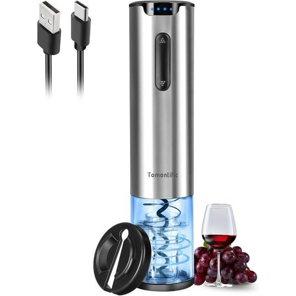 Electric Wine Opener , Rechargeable Automatic Wine Corkscrew Bottle Opener With Foil Cutter, Type-C Charging Wine Openers With LED Light For Home Party Wedding Gifts (Stainless Steel)