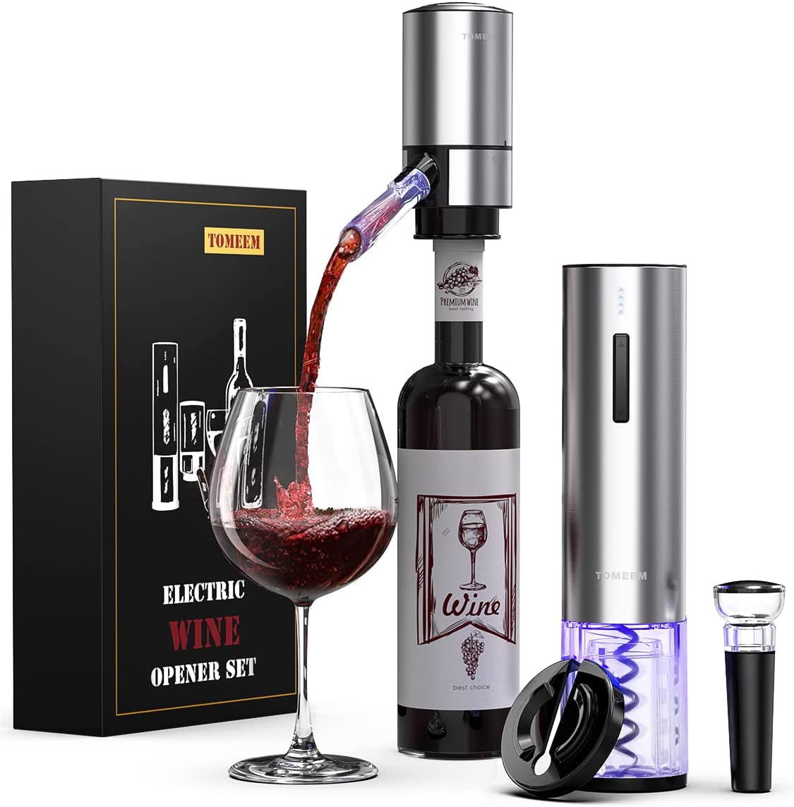 4-in-1 Automatic Electric Wine Bottle Opener Set, Premium Corkscrew with Foil Cutter, Vacuum Wine Stopper for Easy Carry Reusable Convenience Opener