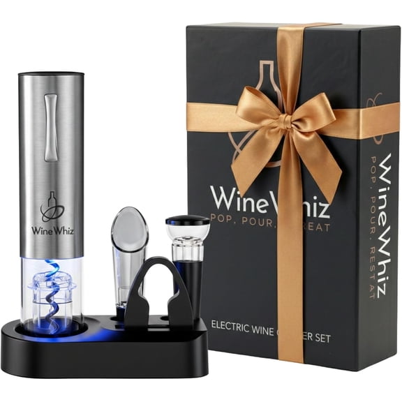 Electric Wine Opener Set with Base and Accessories (Rechargeable Stainless Steel Corkscrew, Dispenser, Foil Cutter Tool, Stopper) | Lovers Gift for Housewarming, Birthday, Registry