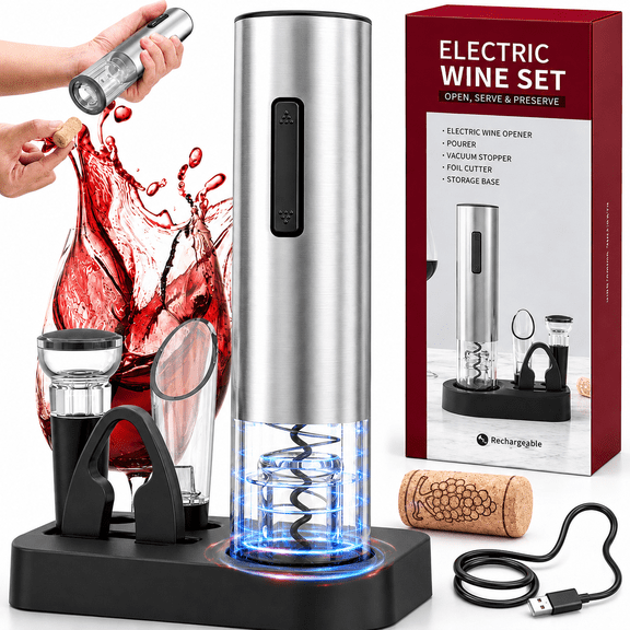 Pinshey Electric Wine Opener Set, Rechargeable Stainless Steel Electric Corkscrew with Foil Cutter, Wine Aerator, Vacuum Stopper, Storage Base and USB-C Cable, Wine Gift for Wine Lovers