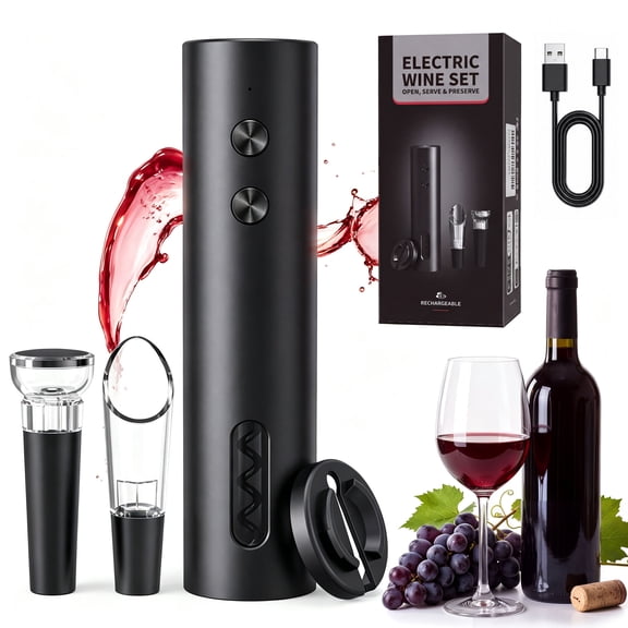 Electric Wine Opener, Rechargeable Automatic Wine Bottle Opener Kit with Foil Cutter, Aerator Pourer, Vacuum Stoppers for Home, Bar and Party