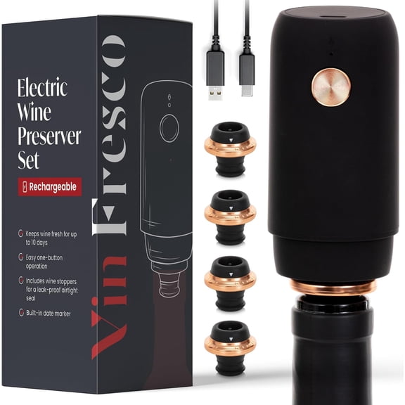 Electric Wine Preserver - Rechargeable Vacuum Saver With Airtight Seal - Automatic Air Remover Pump for 10 Days of Flavor & Freshness - Preservation System (Black & Rose Gold, Preserver Set)