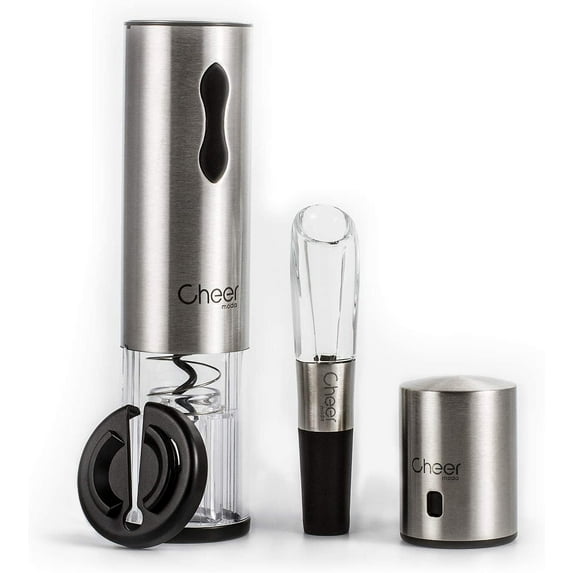 Electric Wine Stainless Steel Tool Gift Set Included Opener with Foil Cutter and Battery, Mini Wine Pump Sealer Stopper with Date Marker, Wine Aerator Pourer7717-W102-03