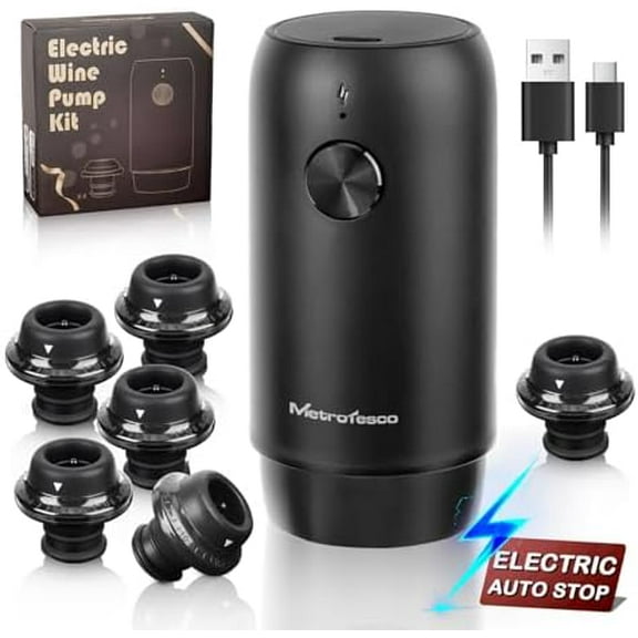 Electric Wine saver pump with 6 wine stoppers vacuum, wine preserver keep Your Wine Fresh for up to 10 Days, USB-C Rechargeable, 1 Pump 6 Stoppers Best Gifts for Wine Lovers, Black
