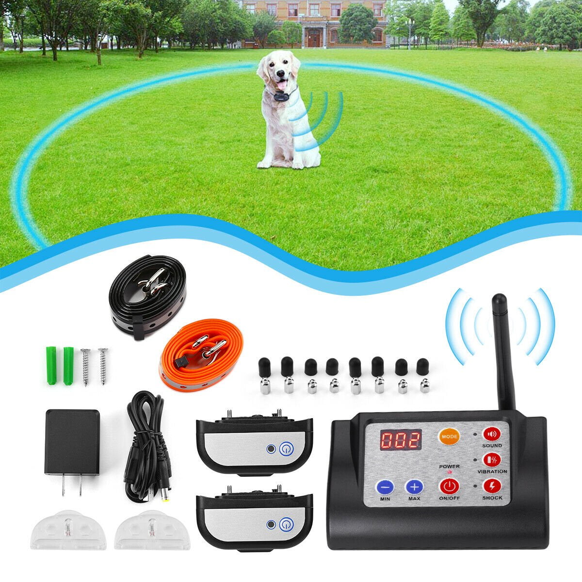 Electric Wireless Dog Fence W/ 2 Rechargeable Training Collars, Pet