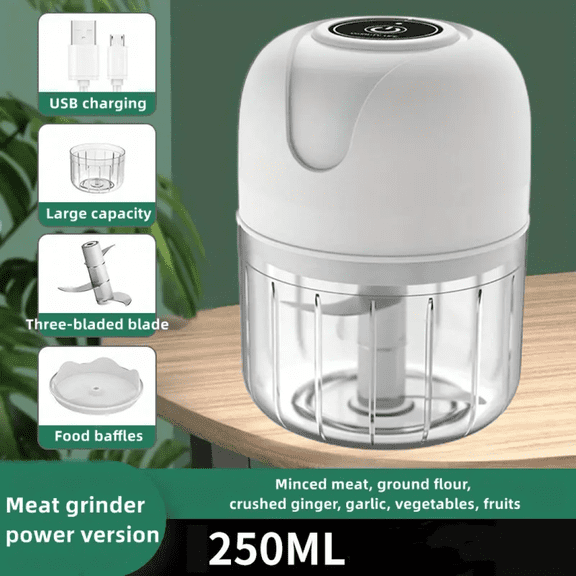 Electric Wireless Garlic Onion Stirring Device Cordless Meat Grinder with USB Charging for Vegetable, Pepper, Onion, Baby Food, Seasoning, Nuts - White, New