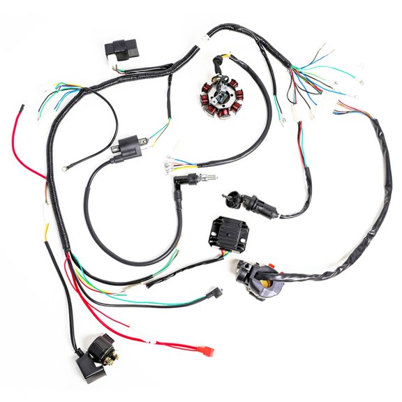 Electric Wiring Harness Assembly (Includes Wiring Harness, Twin Plug CDI, Magneto Stator, Coil, Spark Plug, Rectifier, Solinoid, Key Switch, Start Switch for 250cc ATV Go Kart Quad
