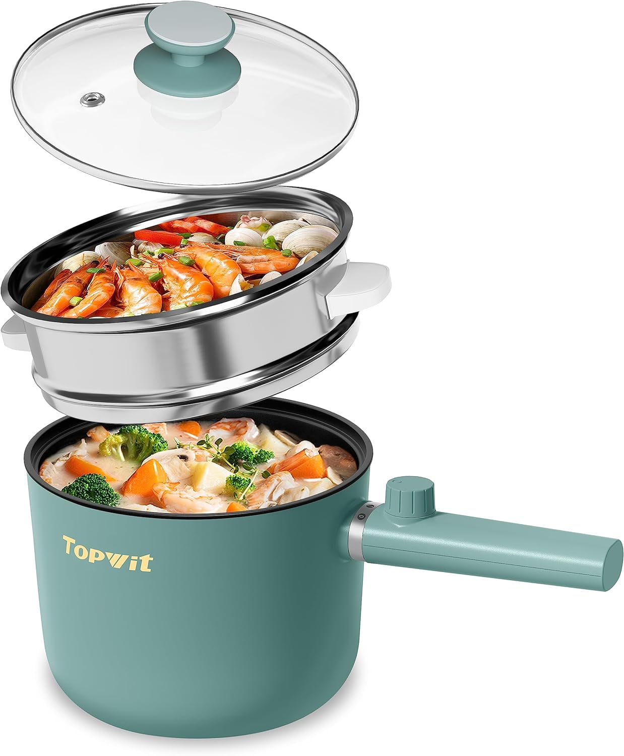Electric With Steamer, 1.5L Ramen Cooker, NonStick Frying Pan, Electric For Pasta, BPA Free