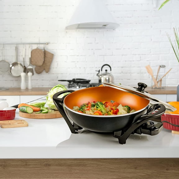 Electric Wok with Nonstick Coating, 13 Inch Family-Sized Skillet, 1400W Power, Adjustable Temperature, Tempered Glass Lid, Cool Touch Handles and Easy to Clean Frying Surface, Copper SK3113CO