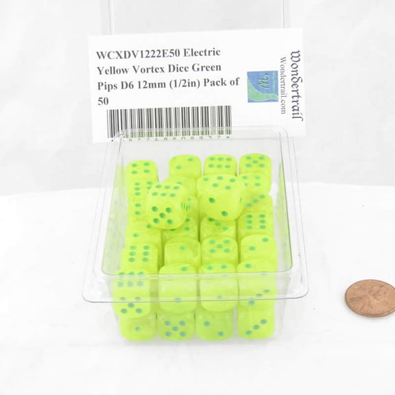 Electric Yellow Vortex Dice with Green Pips D6 12mm (1/2in) Pack of 50 Wondertrail