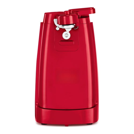Electric can opener and knife sharpener, detachable cutting rod, power cord storage, stainless steel blade.