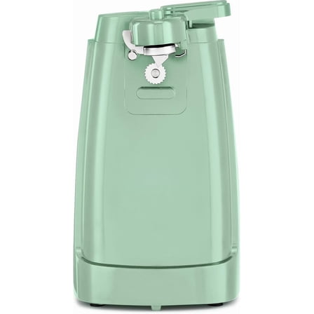 Electric can opener/knife sharpener with detachable cutting rod, power cord storage, and stainless steel blade.