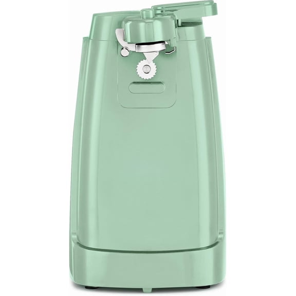 Electric can opener/knife sharpener with detachable cutting rod, power cord storage, and stainless steel blade.