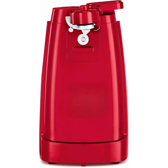 Electric can opener/knife sharpener with detachable cutting rod, power cord storage, and stainless steel blade.