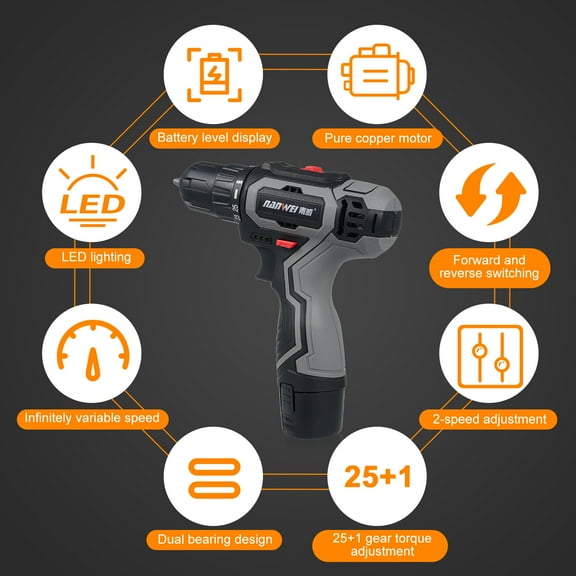 Electric drill,And Loosen Screw 1 Torque Dual Furniture Appliances And Dual Speed Variable Speed Variable Speed Drill Driver 25 Torque Dual Speed Wall And Black plug 1 battery