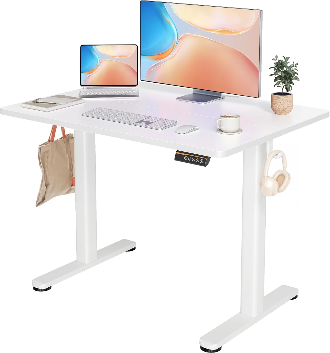 Electric height-adjustable standing desk, suitable for home and office use, white.