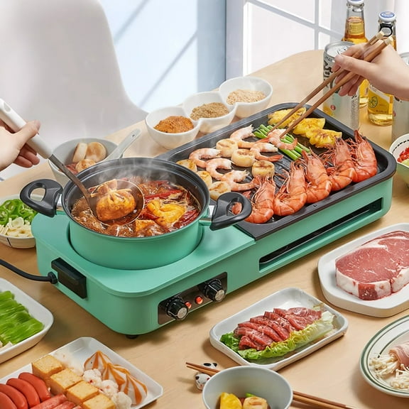 Electric hot pot with grill, three-in-one kitchen non-smoking oven, for barbecuing and stir-frying, with detachable plate, dual temperature control, and can be washed in a dishwasher