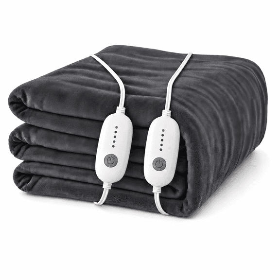 YAKEE Electric Heated Blanket 84"x90" Queen Size with Dual Control, 4 Heat Levels, 10-Hour Auto-off, Soft Coral Fleece, Overheat Protection, Gray