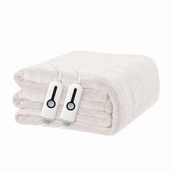 YAKEE Electric Heated Blanket 84"x90" Queen Size with Dual Control, 4 Heat Levels, 10-Hour Auto-off, Soft Coral Fleece, Overheat Protection, White