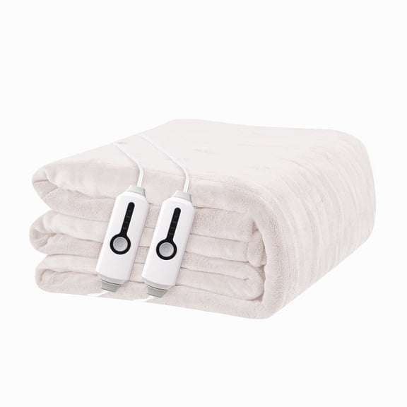 YAKEE Electric Heated Blanket 84"x90" Queen Size with Dual Control, 4 Heat Levels, 10-Hour Auto-off, Soft Coral Fleece, Overheat Protection, White