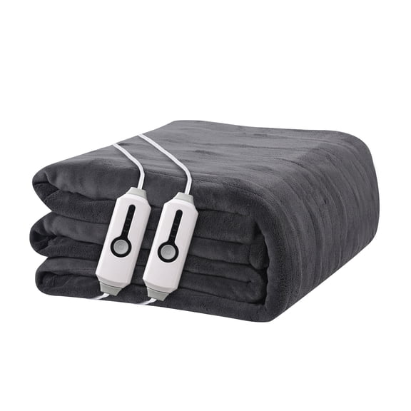 YAKEE Electric Heated Blanket 84"x90" Queen Size with Dual Control, 4 Heat Levels, 10-Hour Auto-off, Soft Coral Fleece, Overheat Protection, Gray
