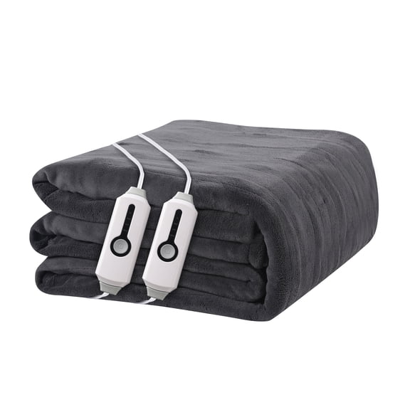 YAKEE Electric Heated Blanket 84"x90" Queen Size with Dual Control, 4 Heat Levels, 10-Hour Auto-off, Soft Coral Fleece, Overheat Protection, Gray