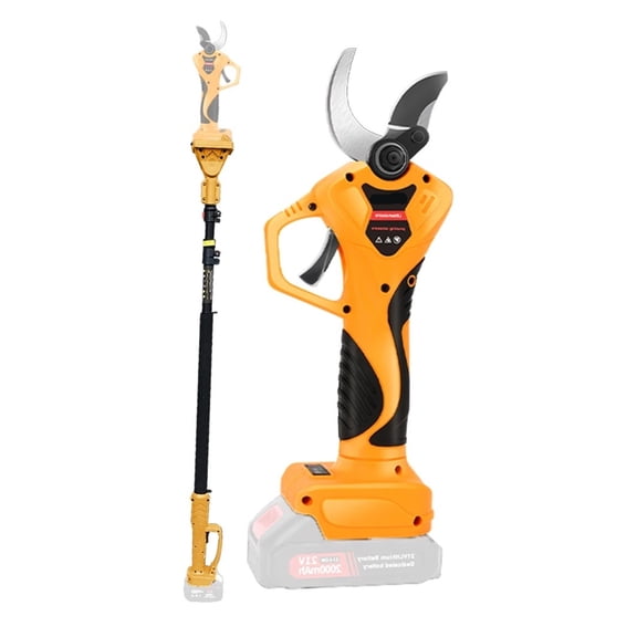 Electric pruning shears with a 2.5-meter telescopic pole, used to trim garden fruit trees, without batteries