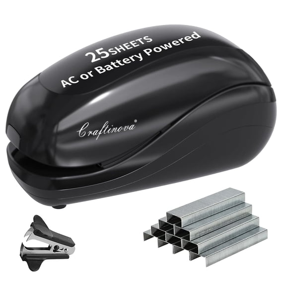 Electric punch tool with 2,000 staples and a stapler remover, capable of handling 25 sheets of paper. Equipped with an AC power adapter or battery-powered functionality, but no battery included.