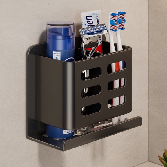 YESENT Black Wall-Mounted Toothbrush Holder, Aluminum Material Shower Shaver Storage Rack, No Drilling Required, Removable Toothpaste Storage Rack