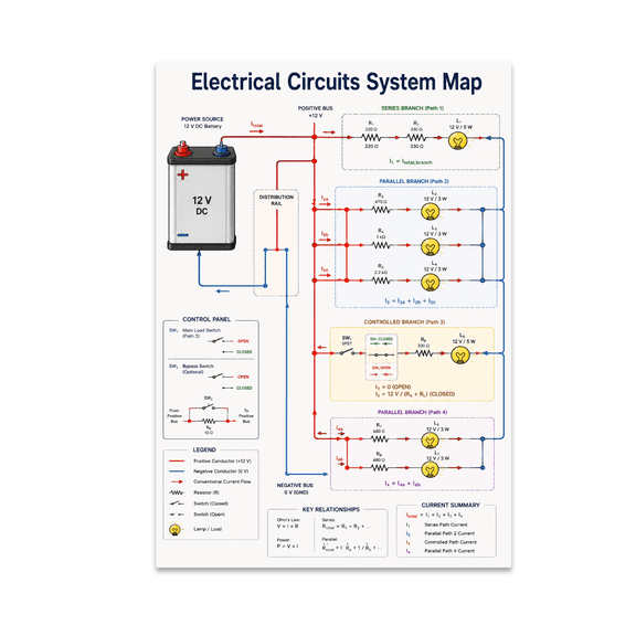 Electrical Circuits System Map Poster, Electronics Learners, Classrooms, Workshops, and Educational Spaces, 13x19 Glossy Paper