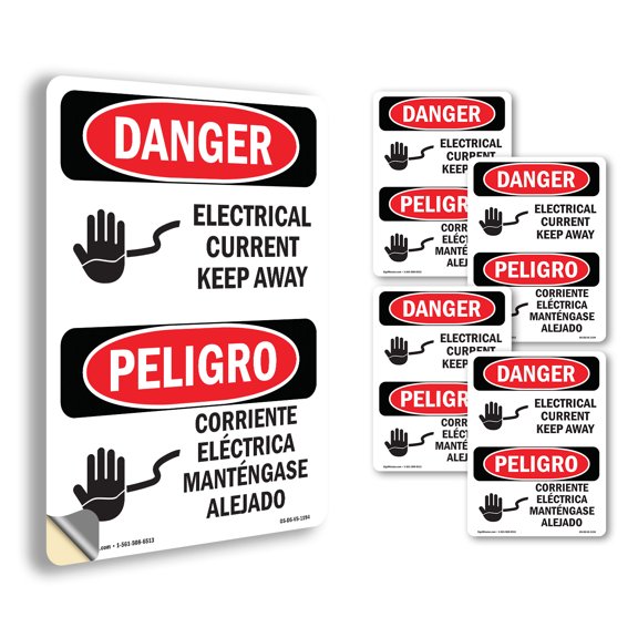Electrical Current Keep Away Bilingual OSHA Danger Vinyl Decal Label 5 Inch x 3.5 Inch - 5 Pack