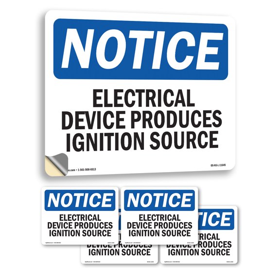 Electrical Device Produces Ignition Source OSHA Notice Vinyl Decal Label 5 Inch x 3.5 Inch - 5 Pack
