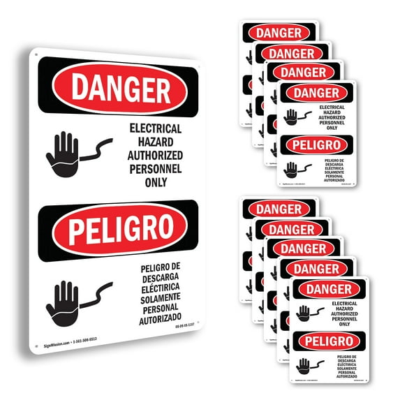 Electrical Hazard Authorized Only Bilingual OSHA Danger Rigid Plastic Sign 10 Inch x 7 Inch - 10 Pack