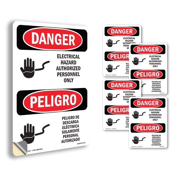Electrical Hazard Authorized Only Bilingual OSHA Danger Vinyl Decal Label 7 Inch x 5 Inch - 5 Pack
