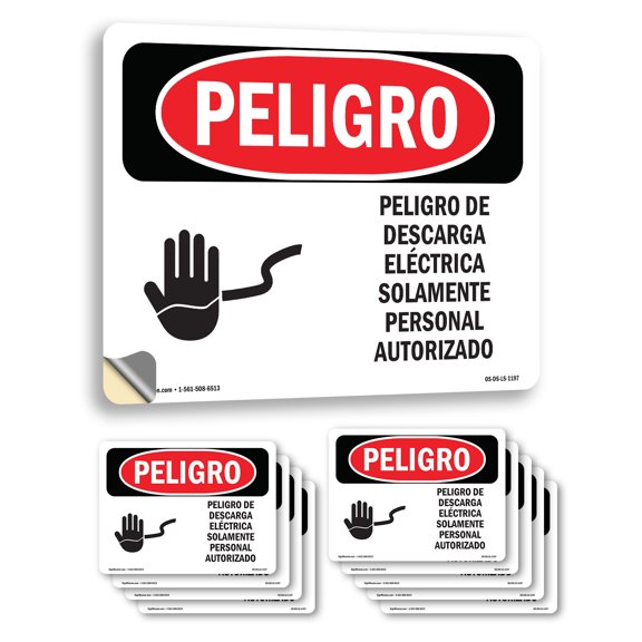 Electrical Hazard Authorized Spanish OSHA Danger Vinyl Decal Label 14 Inch x 10 Inch - 10 Pack