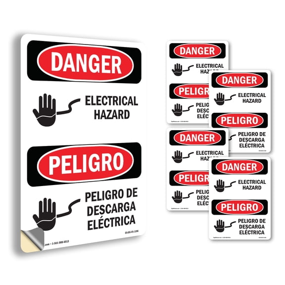 Electrical Hazard Bilingual OSHA Danger Vinyl Decal Label 5 Inch x 3.5 Inch - 5 Pack