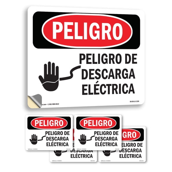 Electrical Hazard Spanish OSHA Danger Vinyl Decal Label 5 Inch x 3.5 Inch - 5 Pack