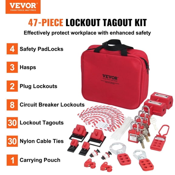 Electrical Lockout Tagout Kit,47 PCS Safety Loto Kit Includes Padlocks,Hasps,Tags,Nylon Ties,Plug Lockouts,Circuit Breaker Lockouts,and Carrying Bag,for Industrial,Electric Power