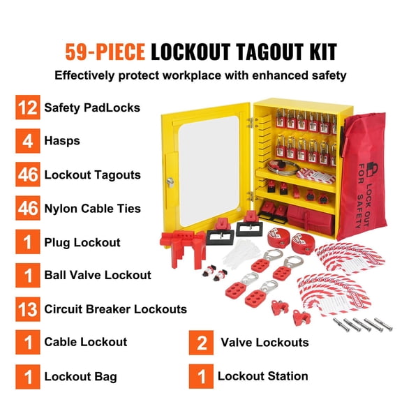 Electrical Lockout Tagout Kit,59 PCS Safety Lockout Tagout Station With Padlocks,Hasps,Tags,Ties,Plug Lockout,Circuit Breaker Lockouts,Valve Lockouts,Cable Lockout,Lockout Bag,Box